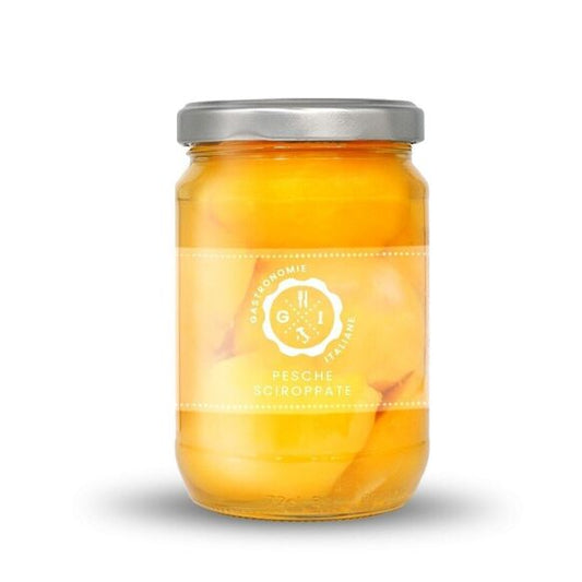 Jar of Gastronomie Italiane Peaches with silver lid