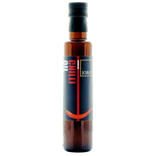 Jorge's chilli oil - a glass bottle with the Jorge's branding with the words Chili Oil on the label