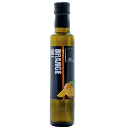 A glass bottle with a black Jorge's orange-infused Olive oil label