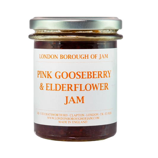 A clear jar with the London Borough of Jam logo and the title Raspberry & Hibiscus Flower Jam  on a white label with orange writing 