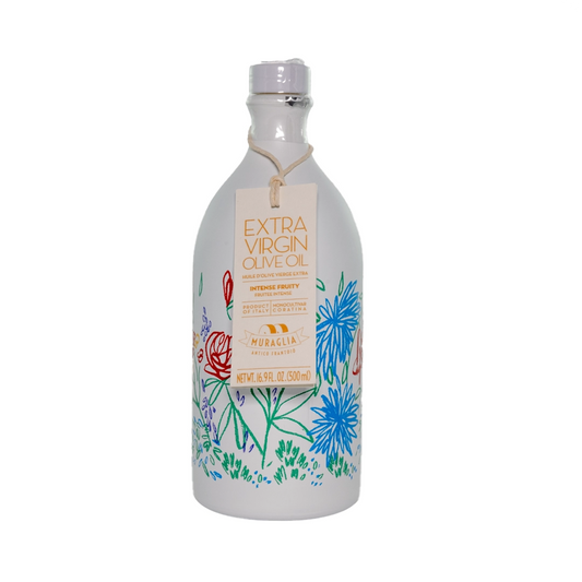 White olive oil bottle with floral pop art design