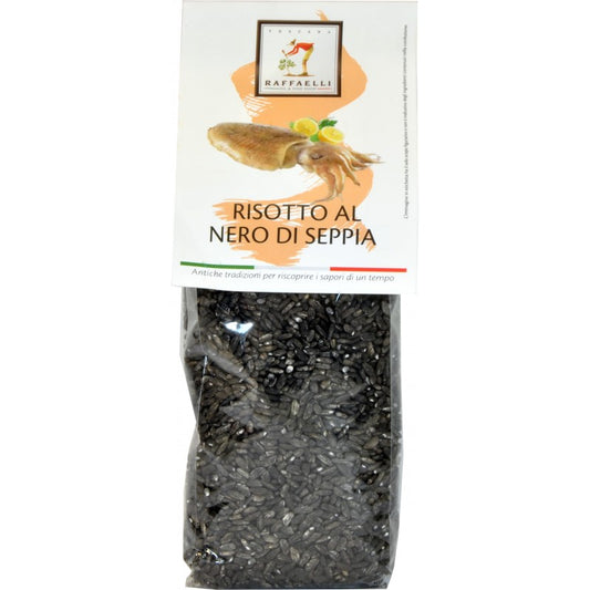 a clear bag of black risotto with a label at the top with the Raffaelli brand name and risotto al nero di seppia titled underneath with an image of a squid on the label.