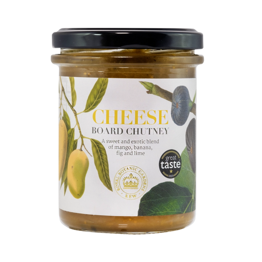 A glass jar with Cheese Board Chutney written on with the Kew Gardens logo.