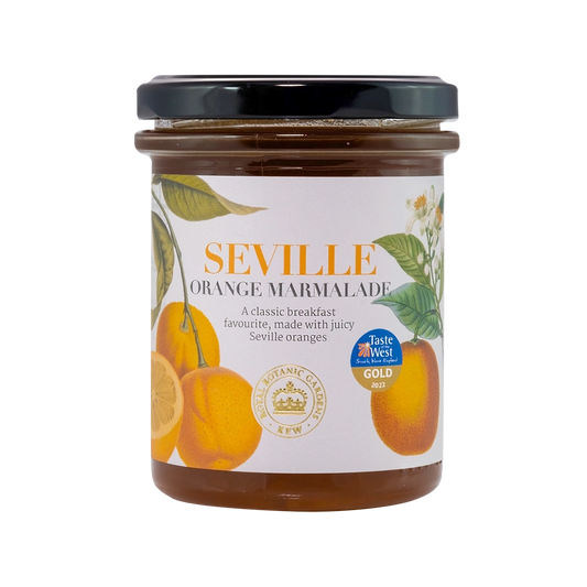 Jar of seville orange marmalade with Kew Gardens branding 