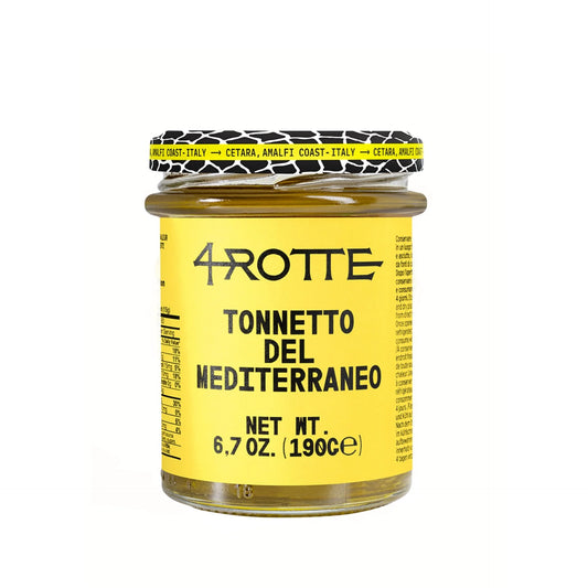 A glass jar of 4 Rotte Tonnetto del Mediterraneo tuna fillets in olive oil. The jar has a yellow label with black text and a black lid